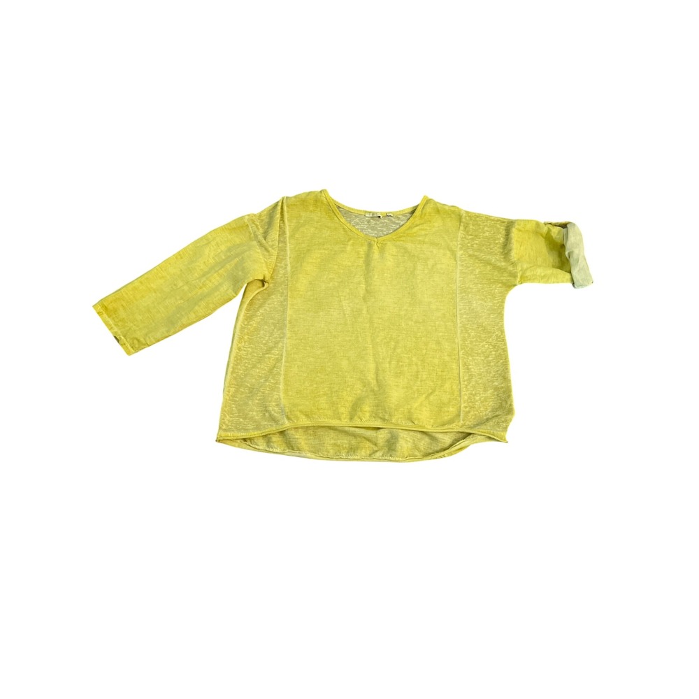 Kaktus Womens Yellow 100% Linen V-Neck Roll Tab Sleeve Top Made in Italy Large